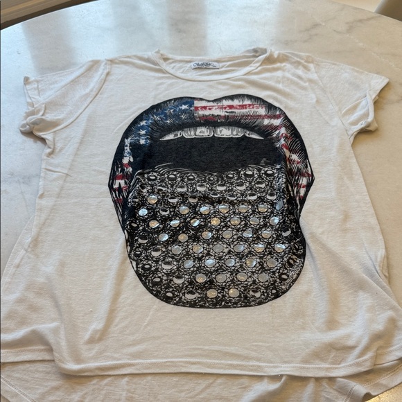 Lauren Moshi White Tee with Graphic Mouth and Stars and Stripes Design - Picture 2 of 5